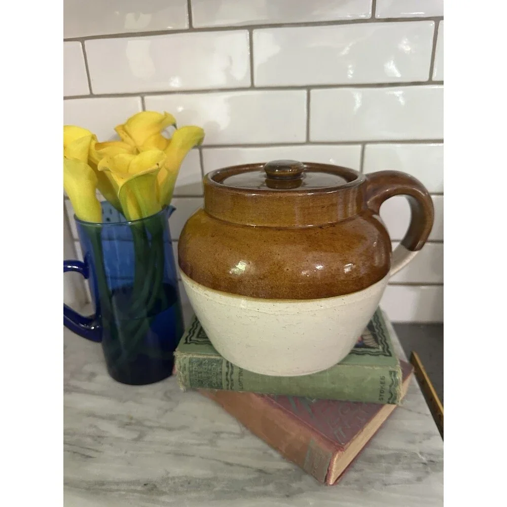 Vintage Antique Stoneware 2 Tone Brown One Handle Crock Bean Pot Americana